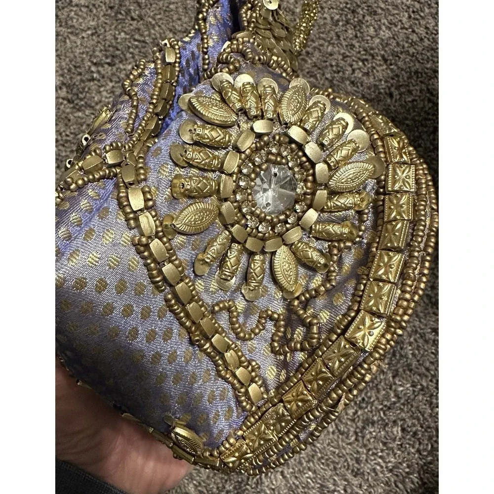 Fortune Cookie Bag Purse Wristlet Blue/Purple w/ Gold color Beads w/ Embroidery